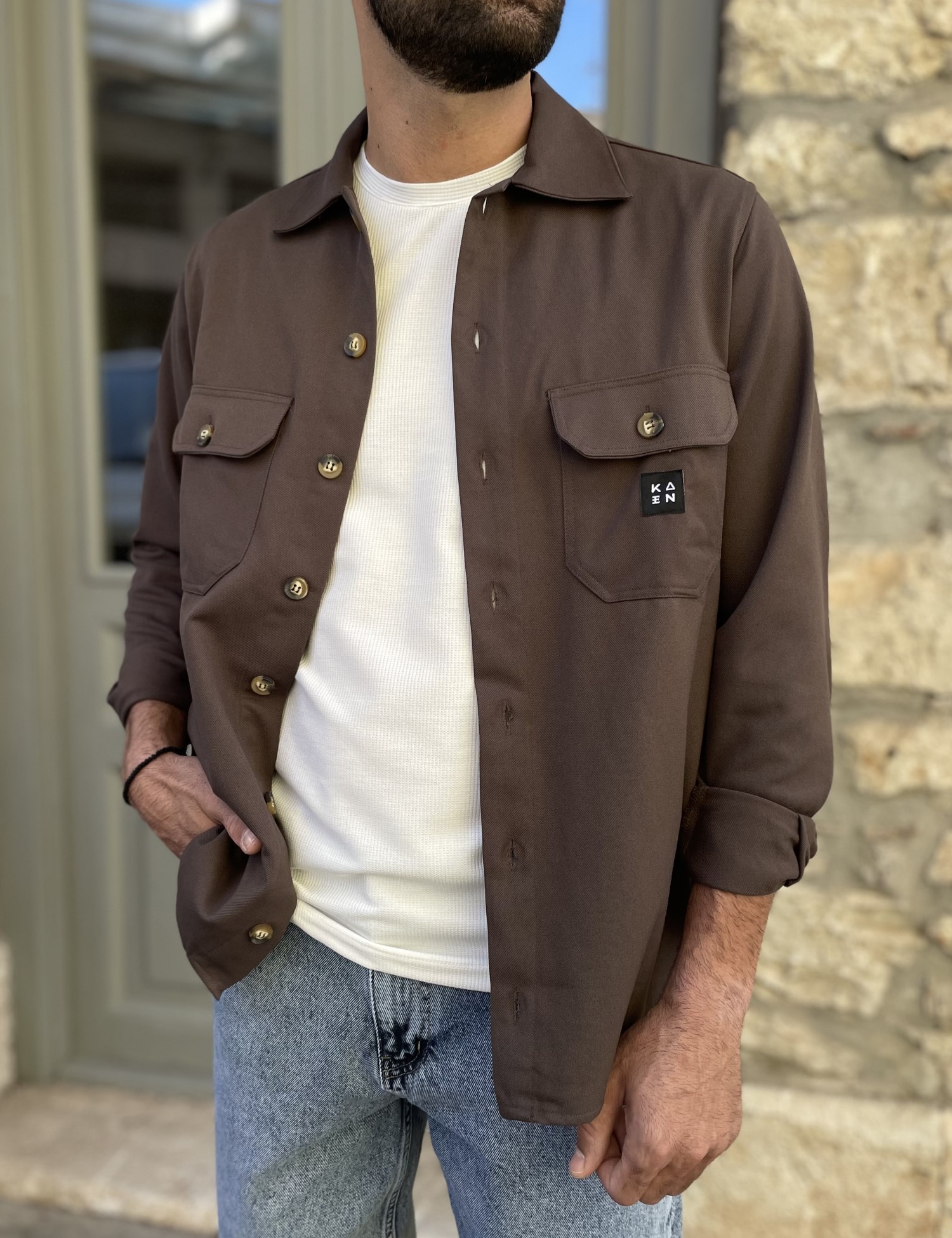 Ανδρικό καφέ overshirt με γιακά 4501K